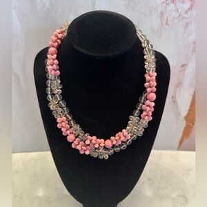 Miriam Haskell Pink Clear Glass Beaded‎ Necklace Signed Patent Vintage 50s